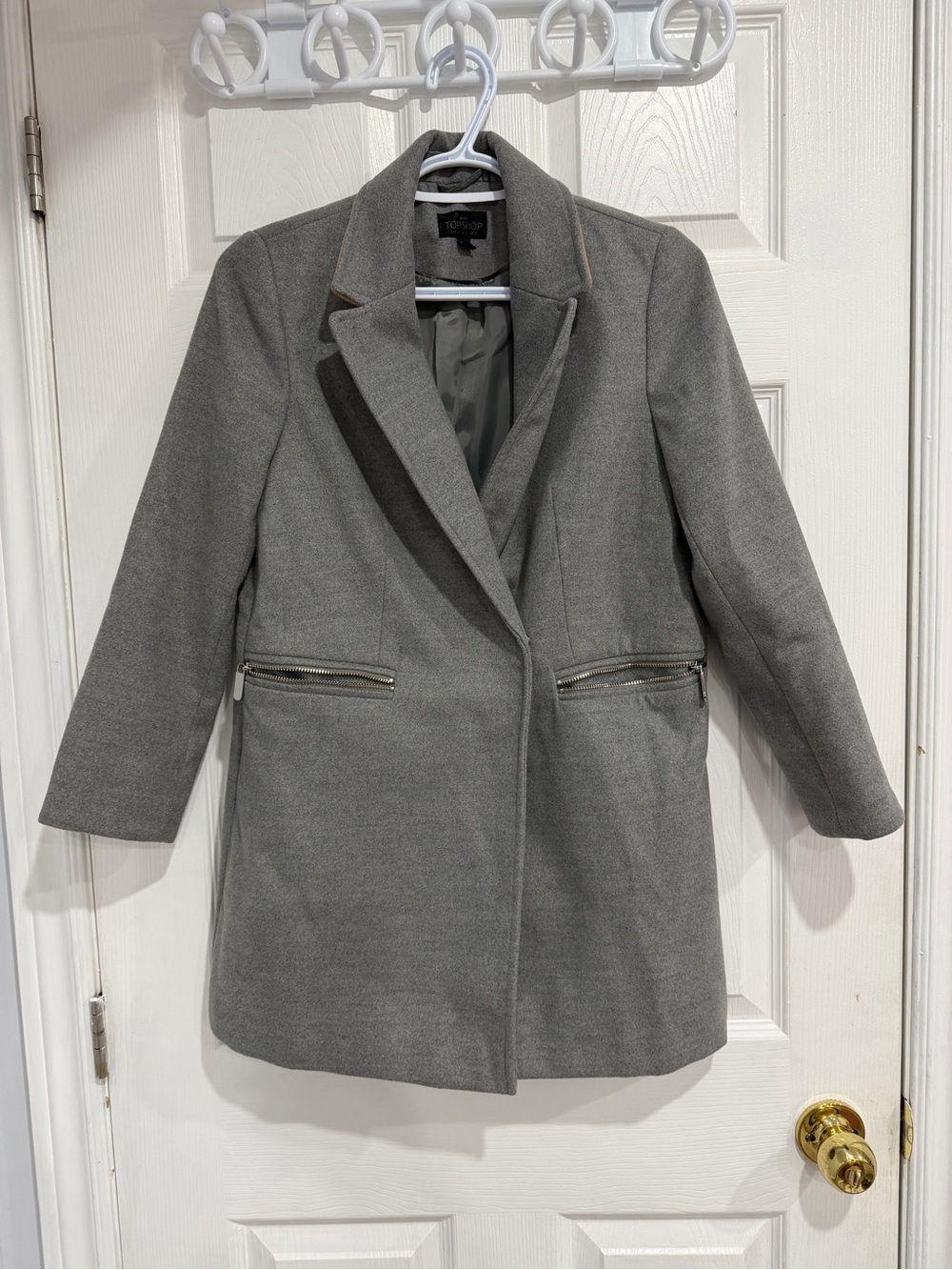 Topshop Gray Wool-Blend Pea Coat with Zip Pockets